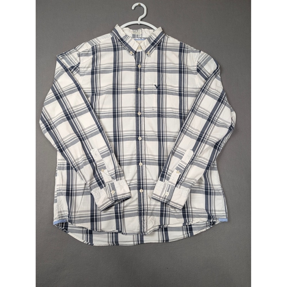 American Eagle Mens XL Athletic Fit Plaid Button Down Shirt Blue White